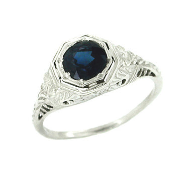 Art Deco Engraved Azalea Sapphire Filigree Ring in 14 Karat White Gold