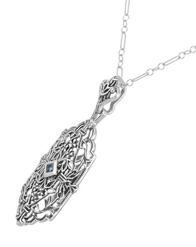 Art Deco Sapphire Filigree Pendant Necklace in Sterling Silver - alternate view