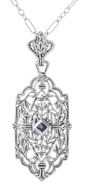 Art Deco Sapphire Filigree Pendant Necklace in Sterling Silver