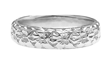 Art Deco Tropical Flowers Wedding Ring in 18 Karat White Gold - 4.7mm Wide