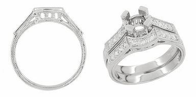 Art Deco Diamonds Curved Filigree Scrolls Engraved Wedding Ring in 18 Karat White Gold - alternate view