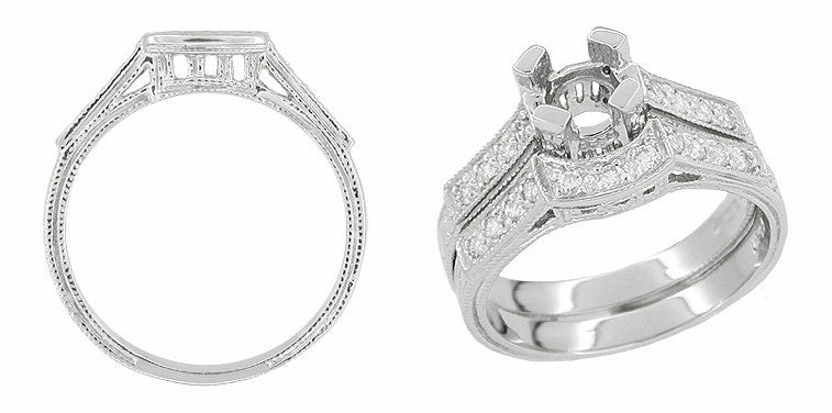 Art Deco Diamonds Curved Filigree Scrolls Engraved Wedding Ring in 18 Karat White Gold - Item: WR396 - Image: 2
