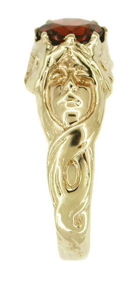 Crowned Maidens Art Nouveau Garnet Ring in 14 Karat Yellow Gold - Item: R203 - Image: 2