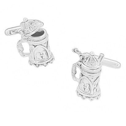 Beer Stein Cufflinks - Solid Sterling Silver Beer Tankards with Movable Lids - SCL116