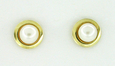 1970's Estate Bezel Set Pearl Stud Earrings in 14 Karat Yellow Gold