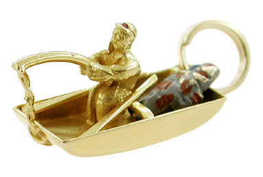 Enameled Big Catch Fisherman and Fishing Boat Charm in 14 Karat Gold - alternate view