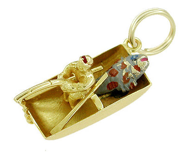 Enameled Big Catch Fisherman and Fishing Boat Charm in 14 Karat Gold
