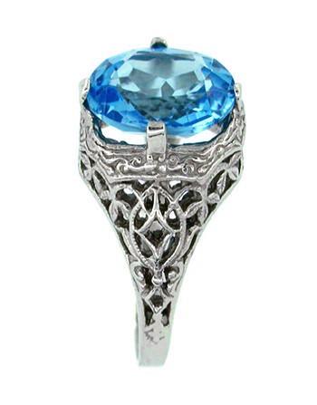 Blue Topaz Filigree Ring in 14 Karat White Gold - Item: R156 - Image: 2