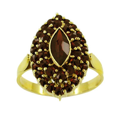 Victorian Style Marquise Shape Bohemian Garnet Navette Ring in 14 Karat Gold and Sterling Vermeil
