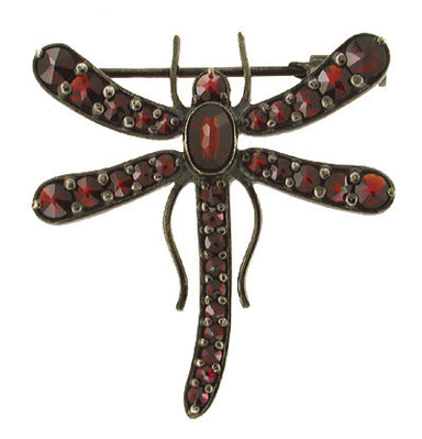 Victorian Antique Dragonfly Brooch with Red Bohemian Czech Garnet - Sterling Silver with Dark Finish - ABR114
