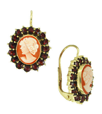 Shell Cameo Earrings with Bohemian Garnet Frames in 14 Karat Yellow Gold & Sterling Silver Vermeil - Item: E129 - Image: 2
