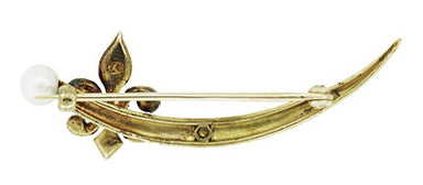 Krementz Antique Victorian Fleur De Lis Seed Pearl Crescent Brooch in 14 Karat Yellow Gold - alternate view