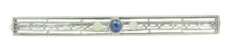Art Deco Filigree Sapphire and Pearls Long Antique Brooch in 14 Karat White Gold