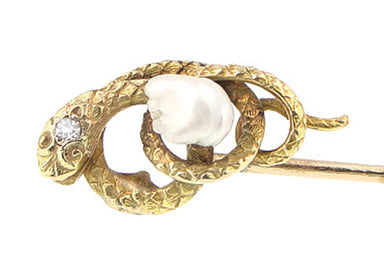 Antique Victorian Snake Stick Pin with Diamond and Pearl in 14 Karat Gold - alternate view