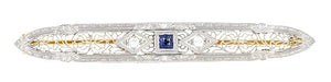 Art Deco Filigree Diamond and Sapphire Antique Krementz Brooch in 14 Karat Gold
