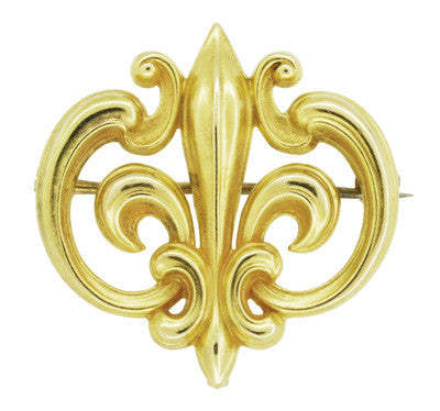 Antique Victorian Fleur De Lis Scroll Brooch and Watch Pin in 14 Karat Yellow Gold