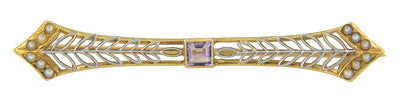 Vintage Edwardian Filigree Seed Pearl and Amethyst Bar Brooch in 14 Karat Yellow and White Gold