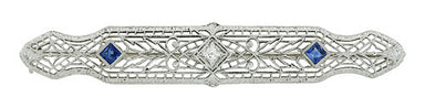 Antique Sapphire and Diamond Filigree Art Deco Bar Brooch in 14 Karat White Gold and Platinum
