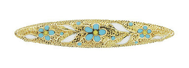 Krementz Small Antique Victorian Blue and White Enamel Flower Bar Brooch in 14 Karat Yellow Gold