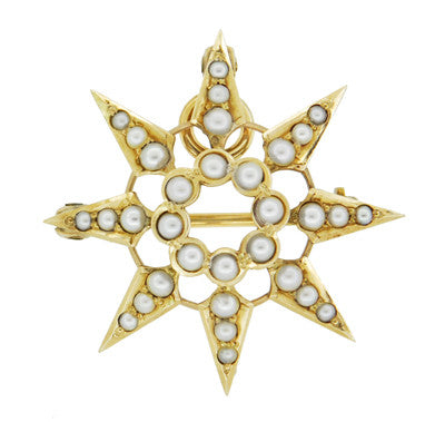 Antique Victorian Seed Pearl Starburst Pendant Brooch 14 Karat Yellow Gold - Item: BR191 - Image: 2