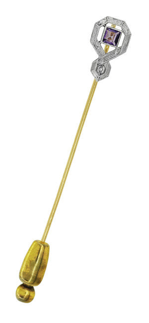 Art Deco Antique Amethyst Stickpin in 14 Karat Yellow Gold with Platinum Top