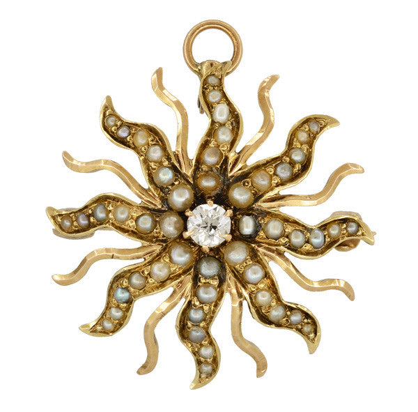 Antique Victorian Diamond and Seed Pearl Sunburst Pendant Brooch in 14 Karat Gold - Item: BR211 - Image: 2