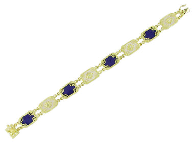 Art Deco Filigree Lapis Lazuli and Diamond Bracelet in 14 Karat Gold - alternate view