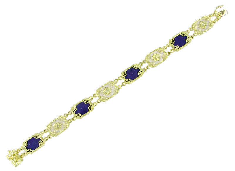 Art Deco Filigree Lapis Lazuli and Diamond Bracelet in 14 Karat Gold - Item: BRV21 - Image: 2