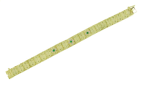 Art Deco Filigree Emerald and Diamond Vintage Bracelet in 14 Karat Gold - Item: BRV46 - Image: 2