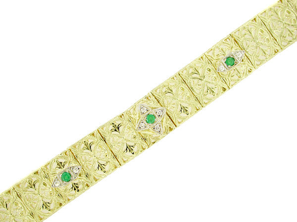 Art Deco Filigree Emerald and Diamond Vintage Bracelet in 14 Karat Gold
