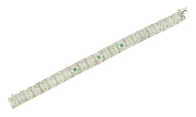 Antique Inspired Art Deco Filigree Emerald & Diamond Engraved Bracelet in 14 Karat White Gold - alternate view
