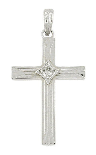 Vintage Diamond Set Engraved Cross Pendant in 14K White Gold