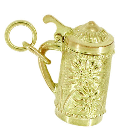 Floral Patterned Movable German Beer Stein Charm in 9 Karat Gold - Item: C290 - Image: 2