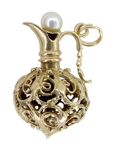 Antique Filigree Jug Pendant with Pearl Top in 14 Karat Gold