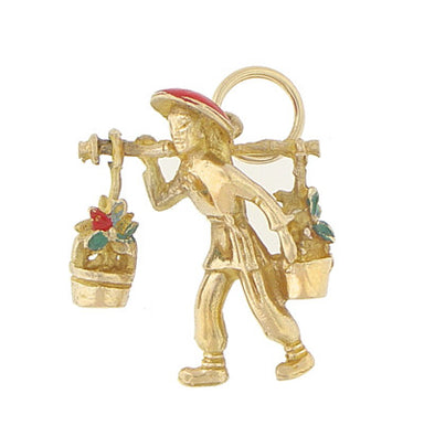 Antique Moveable Enameled Chinese Worker Charm in 14 Karat Gold