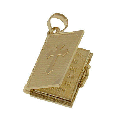 Movable Yellow Gold Lords Prayer Opening Book Charm Pendant with Cross on Cover - 10K or 14K Yellow Gold - C578