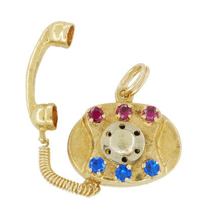 Movable Gemstone Set Telephone Charm in 14 Karat Gold