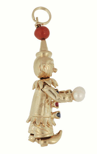 Moveable Vintage Happy Clown Pendant With Ruby, Sapphires, Coral and Pearls in 14 Karat Yellow Gold - alternate view