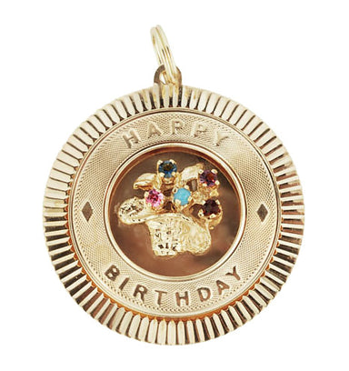 Vintage Happy Birthday Gem Set Circle Pendant in 14 Karat Yellow Gold