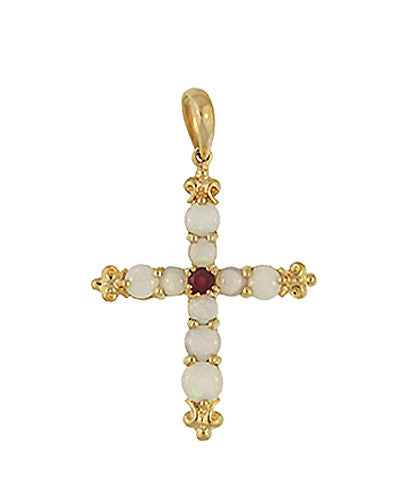 Ruby and Opals Fleur de Lis Cross Pendant in 14 Karat Yellow Gold