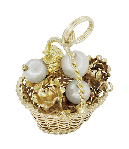 Flower Basket Charm with Pearls in 12 Karat Gold - Item: C725 - Image: 2