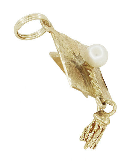Graduation Cap Pendant Charm with Pearl and Movable Tassel in 14 Karat Gold - Item: C729 - Image: 2