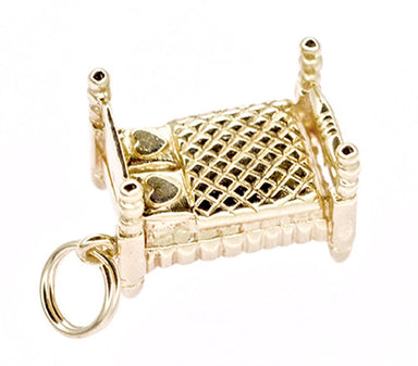 Vintage 4 Poster Bed Charm Pendant in 14K Gold with Heart Pillows
