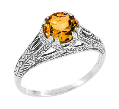 Art Deco Filigree Engraved Citrine Promise Ring in Sterling Silver