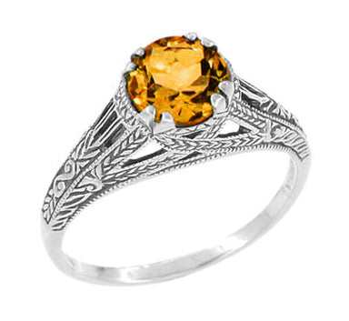 Art Deco Filigree Engraved Citrine Promise Ring in Sterling Silver