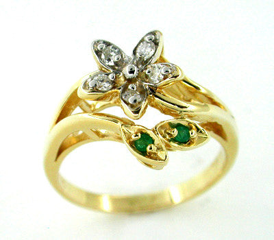 Diamond and Emerald Set Flower Ring in 14 Karat Gold