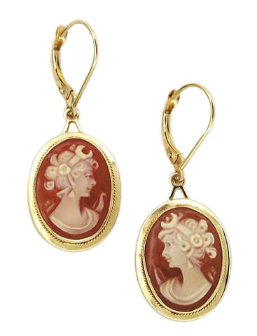Roman Goddess Diana Carnelian Shell Cameo Earrings in 14K Yellow