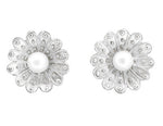 Pearl Stud Victorian Sunflower Earrings in 14K White Gold