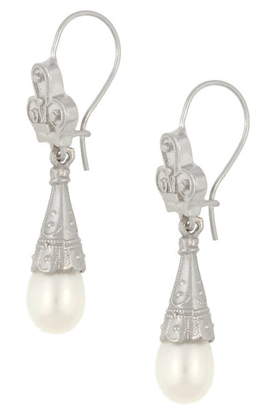 Victorian Pearl Drop Earrings in 14 Karat White Gold - alternate view