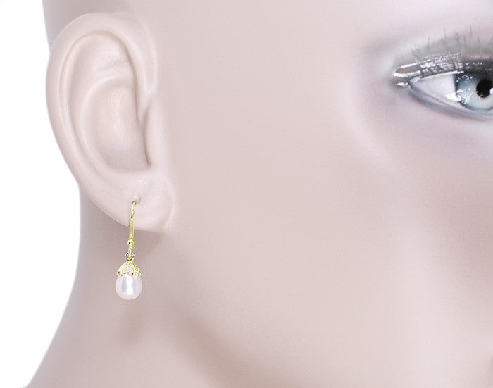 Victorian Engraved Leaves Pearl Drop Earrings in 14 Karat Yellow Gold - Item: E134 - Image: 3